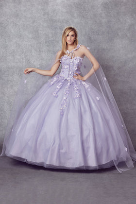 Juliet 1435 3D Floral Applique Glitter Tulle Strapless Dress
