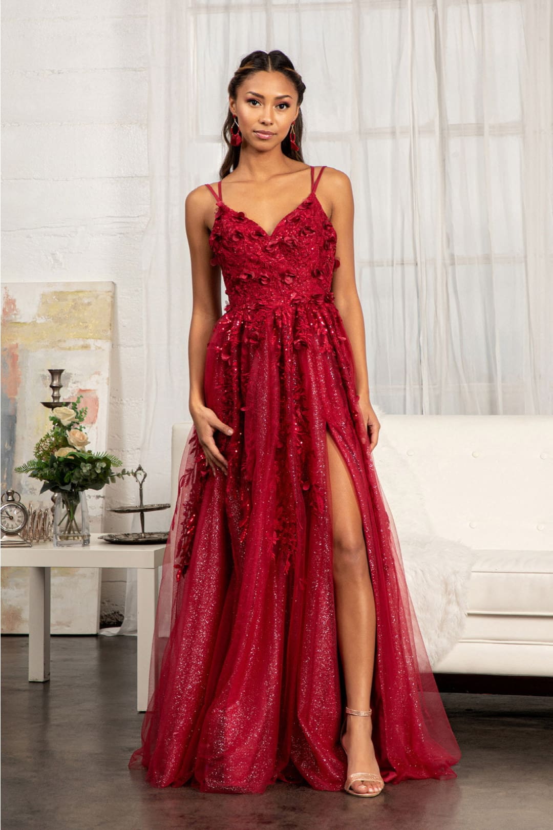 3D Floral Strappy Back Gown by Elizabeth K GL3033 - XS / Burgundy - Long Formal Dresses