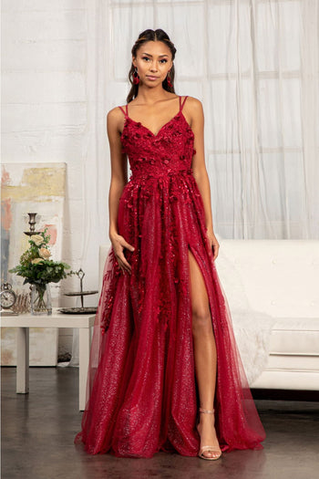 3D Floral Strappy Back Gown by Elizabeth K GL3033 - XS / Burgundy - Long Formal Dresses