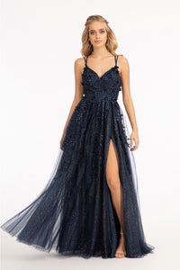 3D Floral Strappy Back Gown by Elizabeth K GL3033 - XS / Navy - Long Formal Dresses