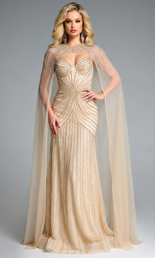 Jovani 44840 - Elegant Beaded Evening Gown with Cape