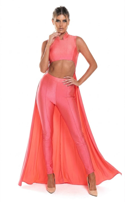 Sleeveless High Neck Cut-Out Jumpsuit with Chiffon Train Fitted Evening Outfit by Jessica Angel 863