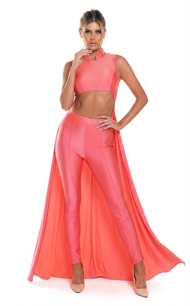 Sleeveless High Neck Cut-Out Jumpsuit with Chiffon Train Fitted Evening Outfit by Jessica Angel 863
