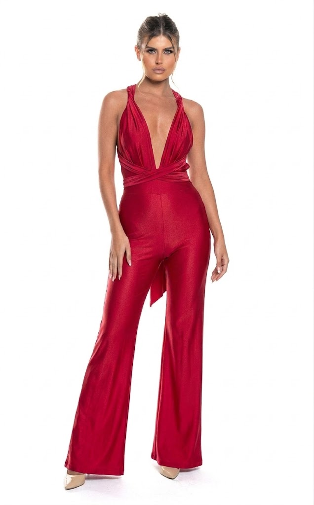 Backless Halter Wide-Leg Plunge-Neck Evening Jumpsuit with Crisscross Back by Jessica Angel 849