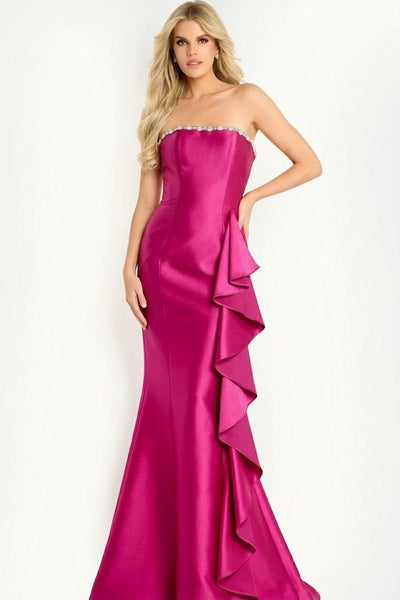 Mermaid Evening Gown with Crystal Trim Cascading Side Ruffle & Train Formal Dress by Jovani 45586