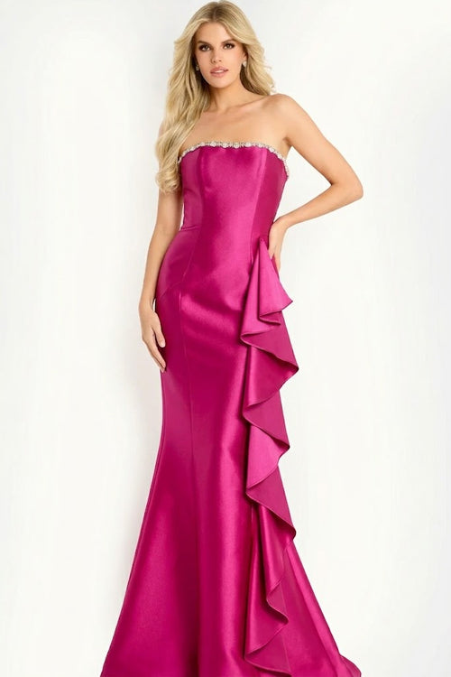 Mermaid Evening Gown with Crystal Trim Cascading Side Ruffle & Train Formal Dress by Jovani 45586