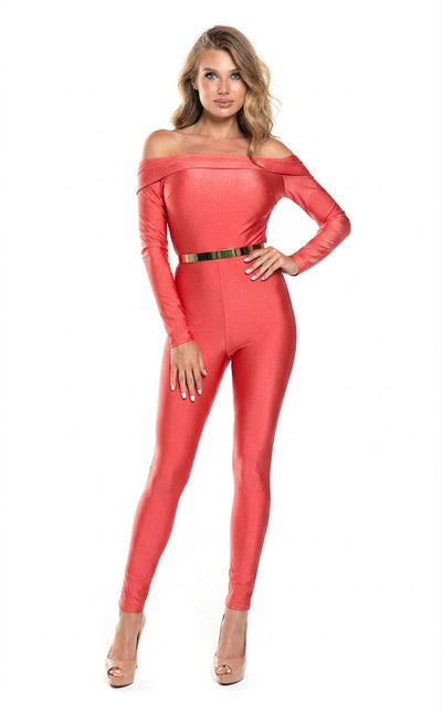 Off Shoulder Long-Sleeve Jumpsuit with Belt Sleek Bodycon Evening Dress by Jessica Angel 868