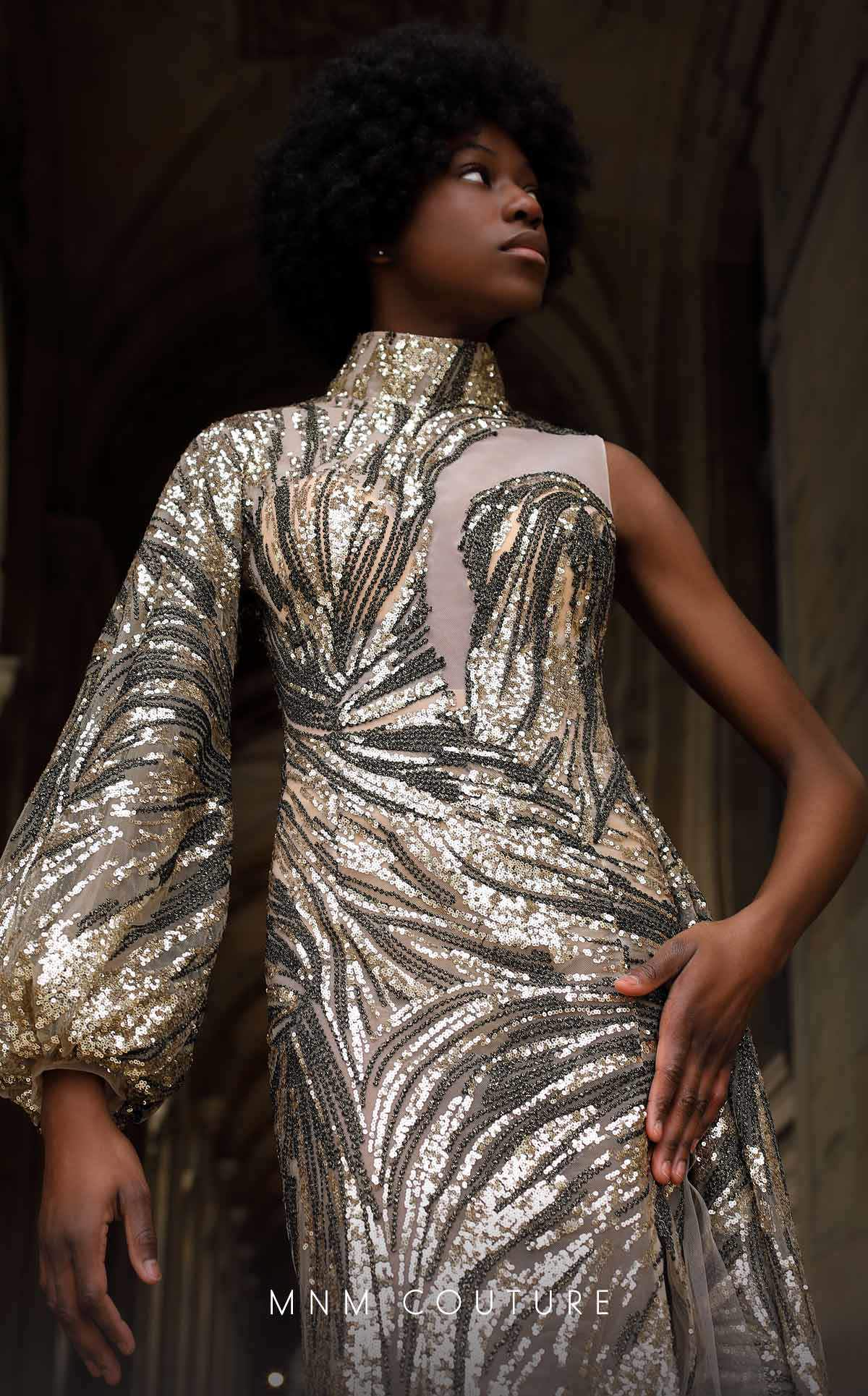 MNM Couture K4066 Metallic Sequin Gown with Sheer Accents