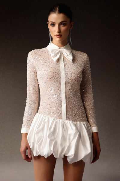 Bella Barnett Theodora Long Sleeveless Embroidery Lace Sequin Puff Cocktail Party Mini Dress