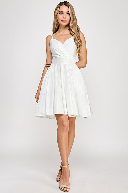 Lenovia 3075 Short Metallic V-Neck A-Line Dress with Pockets