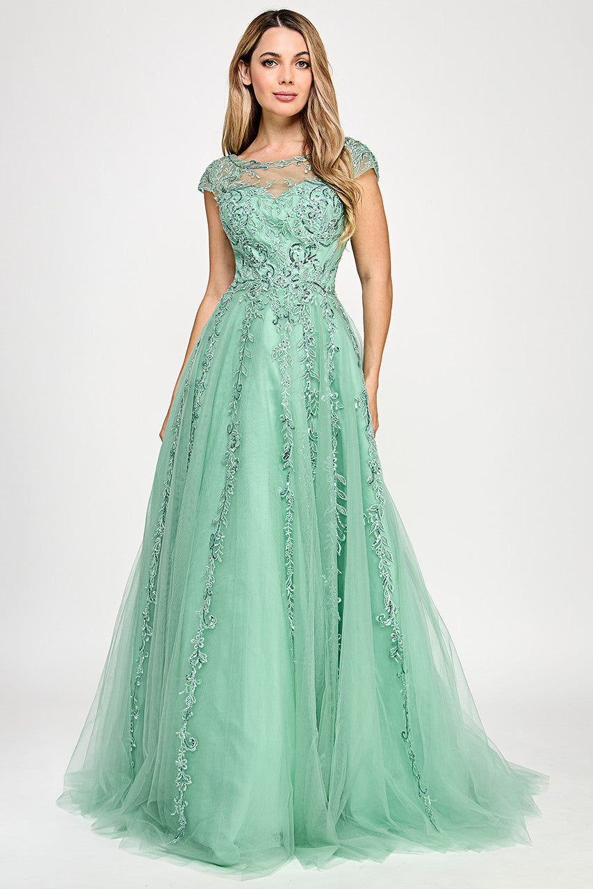 Ivory Lace Appliqué Illusion Neckline Cap Sleeve A-Line Gown Wedding Dress By Lenovia 8349