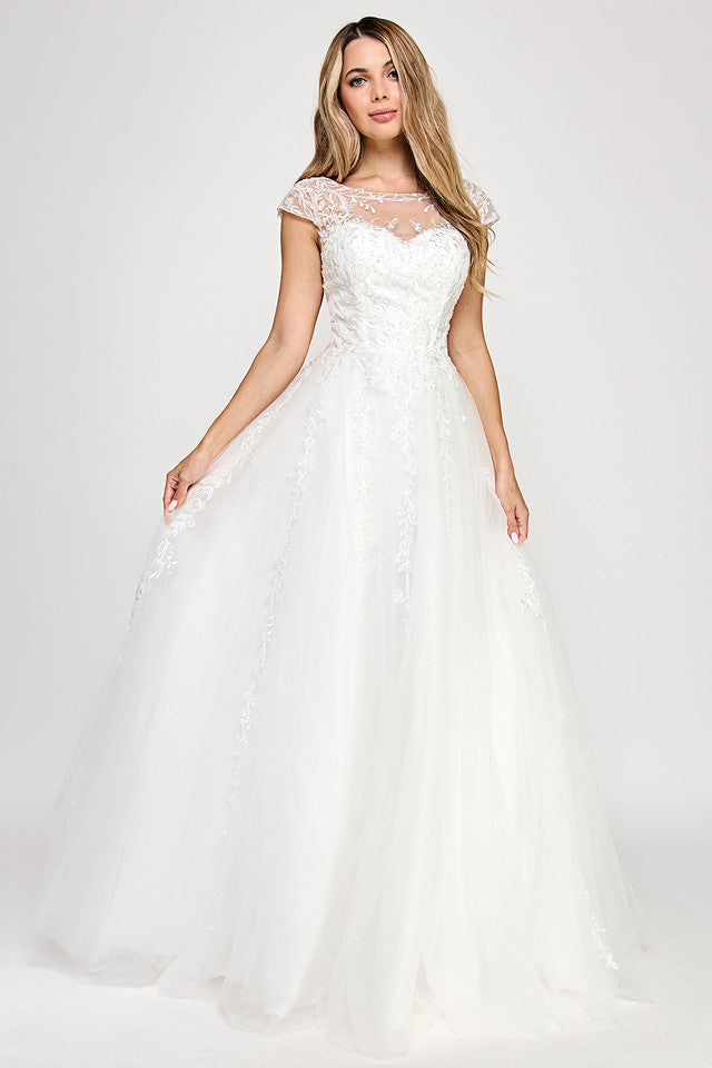 Ivory Lace Appliqué Illusion Neckline Cap Sleeve A-Line Gown Wedding Dress By Lenovia 8349