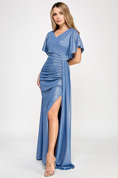 Metallic Glitter Flutter Sleeve Gown with Ruched Waist and High Slit Formal Evening Dress By Lenovia 5329