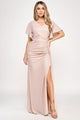Metallic Glitter Flutter Sleeve Gown with Ruched Waist and High Slit Formal Evening Dress By Lenovia 5329