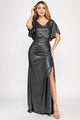 Metallic Glitter Flutter Sleeve Gown with Ruched Waist and High Slit Formal Evening Dress By Lenovia 5329
