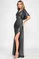 Metallic Glitter Flutter Sleeve Gown with Ruched Waist and High Slit Formal Evening Dress By Lenovia 5329
