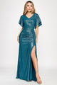 Metallic Glitter Flutter Sleeve Gown with Ruched Waist and High Slit Formal Evening Dress By Lenovia 5329