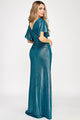 Metallic Glitter Flutter Sleeve Gown with Ruched Waist and High Slit Formal Evening Dress By Lenovia 5329