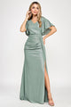 Metallic Glitter Flutter Sleeve Gown with Ruched Waist and High Slit Formal Evening Dress By Lenovia 5329