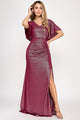 Metallic Glitter Flutter Sleeve Gown with Ruched Waist and High Slit Formal Evening Dress By Lenovia 5329