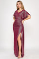 Metallic Glitter Flutter Sleeve Gown with Ruched Waist and High Slit Formal Evening Dress By Lenovia 5329