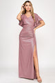 Metallic Glitter Flutter Sleeve Gown with Ruched Waist and High Slit Formal Evening Dress By Lenovia 5329