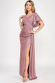 Metallic Glitter Flutter Sleeve Gown with Ruched Waist and High Slit Formal Evening Dress By Lenovia 5329