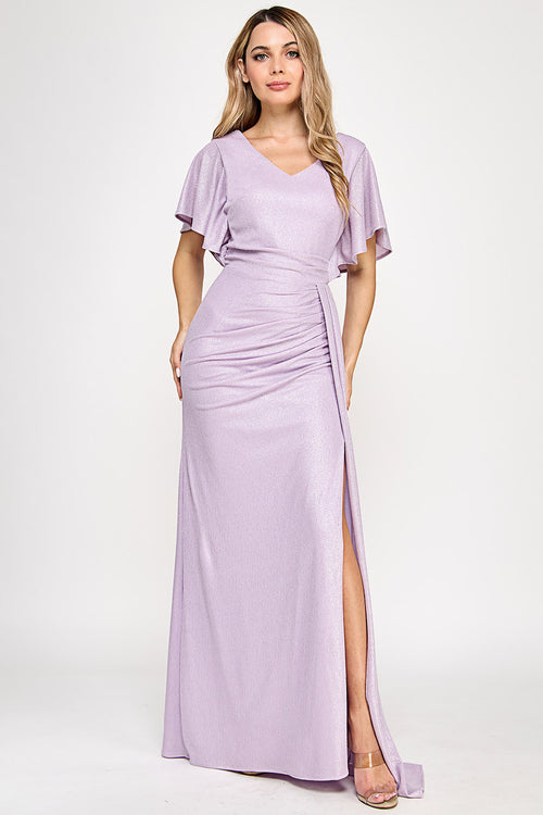 Metallic Glitter Flutter Sleeve Gown with Ruched Waist and High Slit Formal Evening Dress By Lenovia 5329