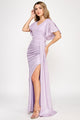 Metallic Glitter Flutter Sleeve Gown with Ruched Waist and High Slit Formal Evening Dress By Lenovia 5329