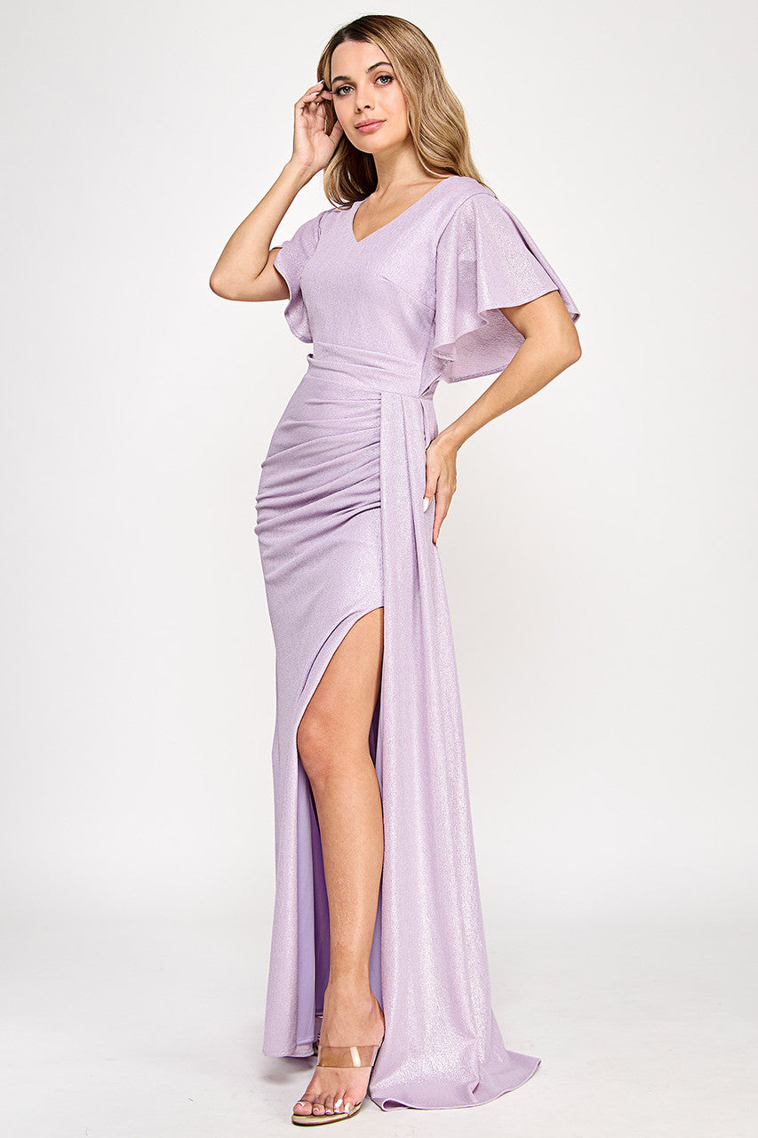 Metallic Glitter Flutter Sleeve Gown with Ruched Waist and High Slit Formal Evening Dress By Lenovia 5329