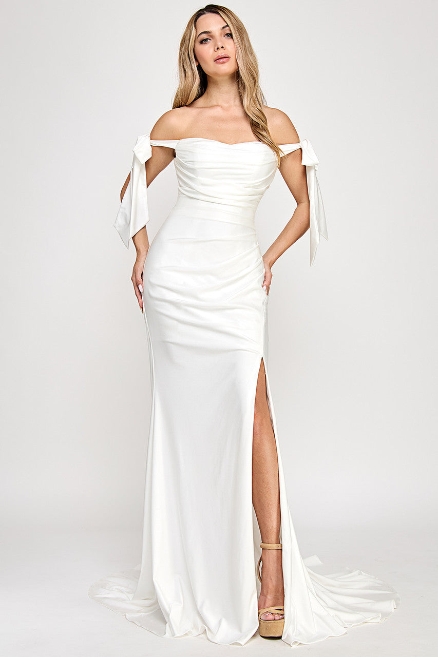 Off Shoulder Satin Wedding Dress with Bow Straps & Thigh-High Slit by Lenovia 8358