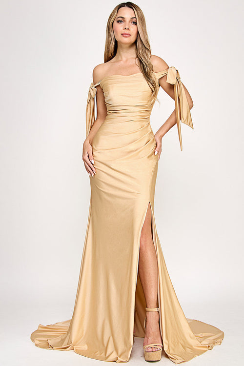 Off Shoulder Satin Wedding Dress with Bow Straps & Thigh-High Slit by Lenovia 8358