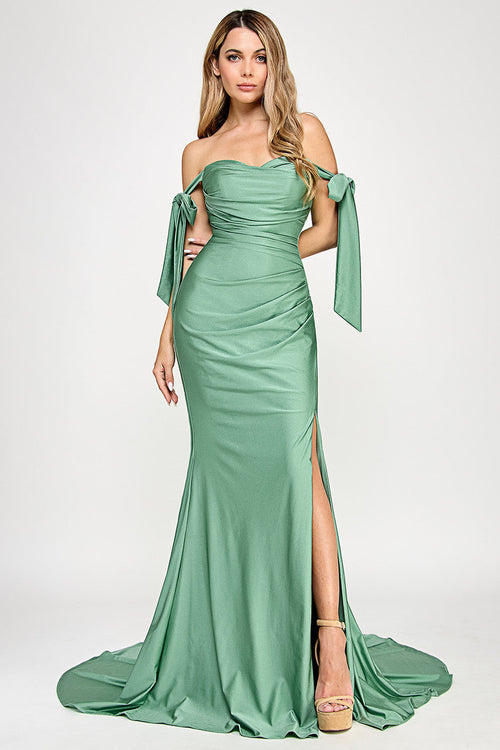 Off Shoulder Satin Wedding Dress with Bow Straps & Thigh-High Slit by Lenovia 8358