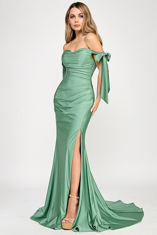 Off Shoulder Satin Wedding Dress with Bow Straps & Thigh-High Slit by Lenovia 8358