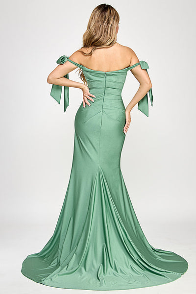 Off Shoulder Satin Wedding Dress with Bow Straps & Thigh-High Slit by Lenovia 8358