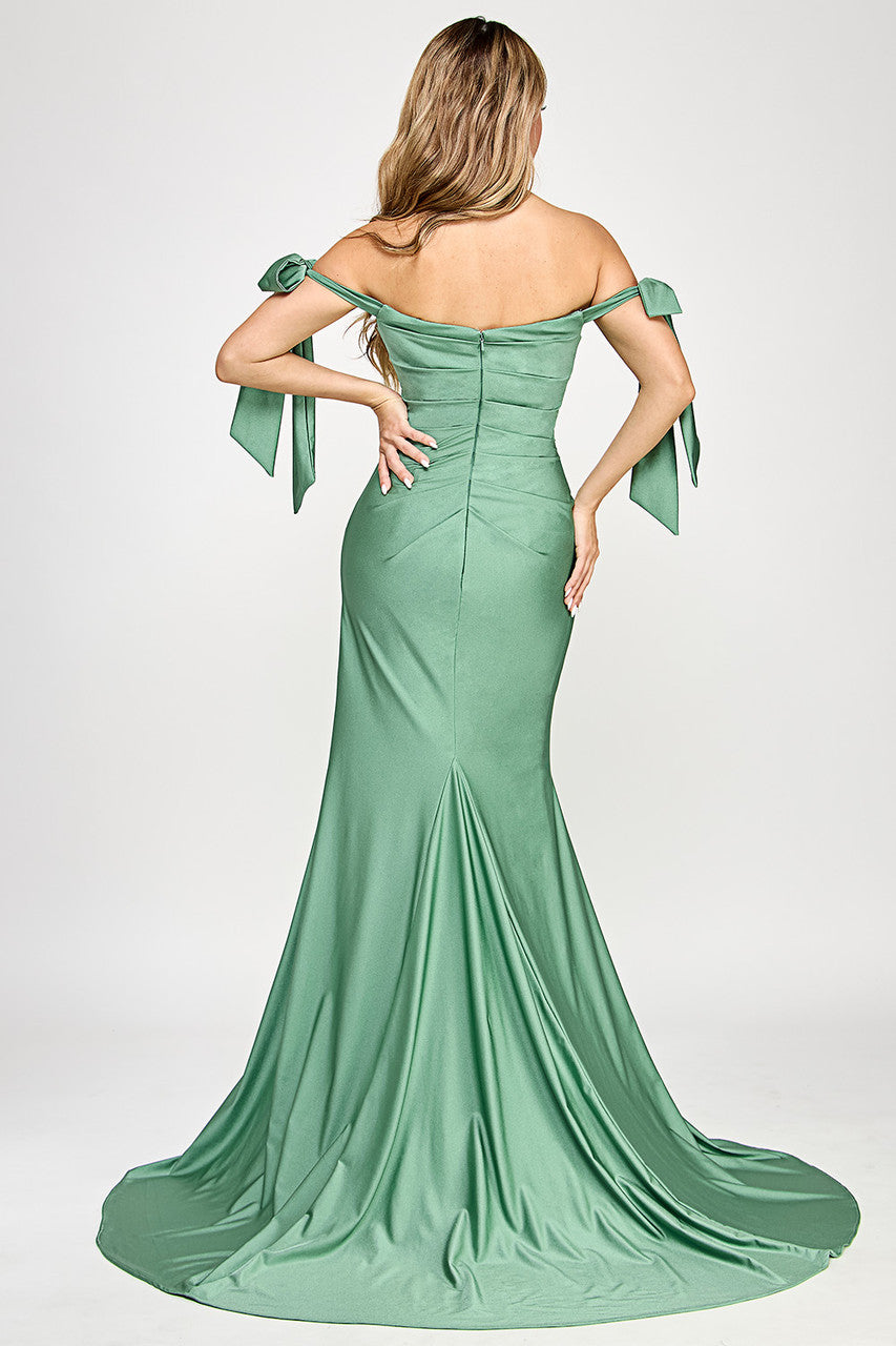 Off Shoulder Satin Wedding Dress with Bow Straps & Thigh-High Slit by Lenovia 8358