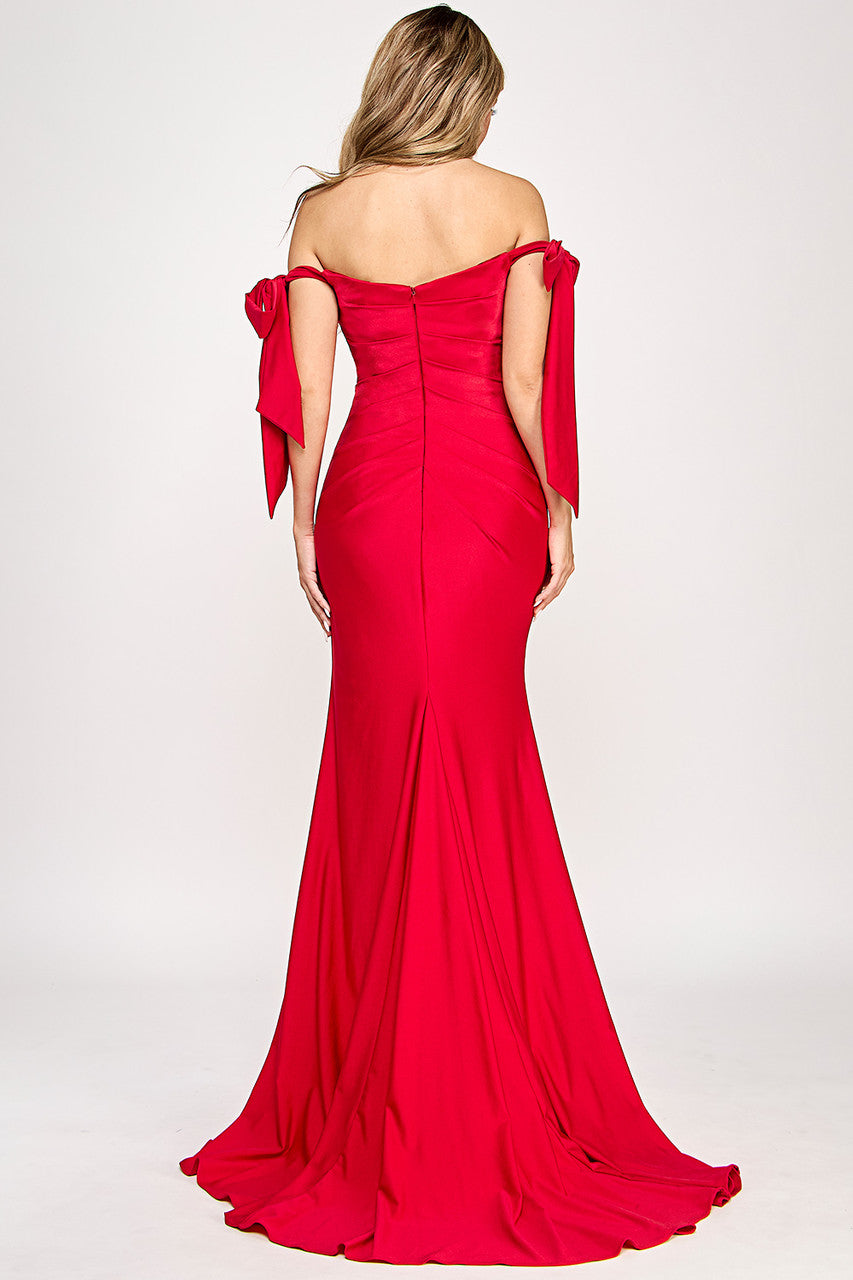 Off Shoulder Satin Wedding Dress with Bow Straps & Thigh-High Slit by Lenovia 8358
