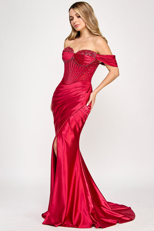 Lenovia 8403 Beaded Off Shoulder Illusion Sweetheart Dress with Slit in Spandex Blend