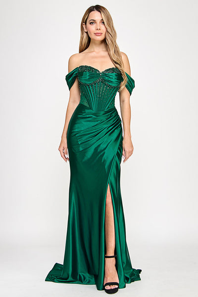 Lenovia 8403 Beaded Off Shoulder Illusion Sweetheart Dress with Slit in Spandex Blend