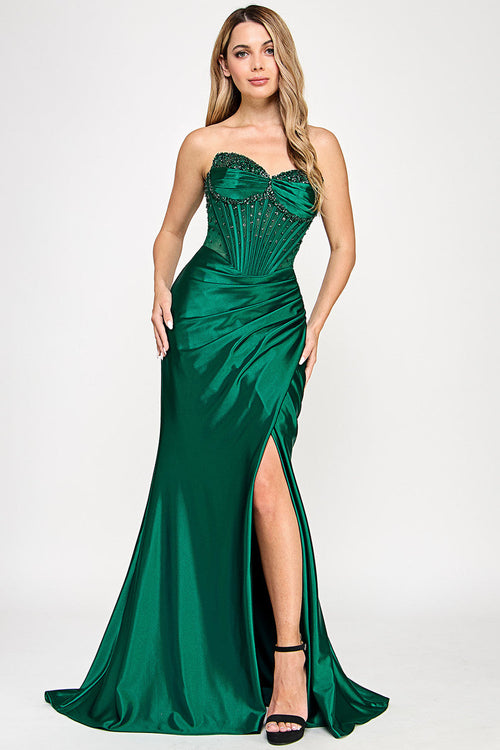 Lenovia 8403 Beaded Off Shoulder Illusion Sweetheart Dress with Slit in Spandex Blend
