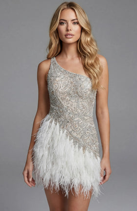 One Shoulder Sequin Cocktail Dress with Feather Skirt Short Beaded Party Dress by Jovani 40071
