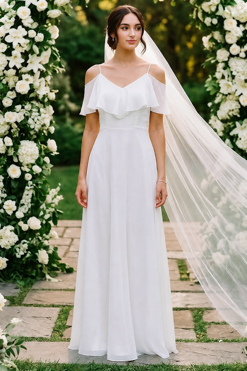 Cold-Shoulder Chiffon Wedding Gown with Ruffle Bodice by Eva USA 3263