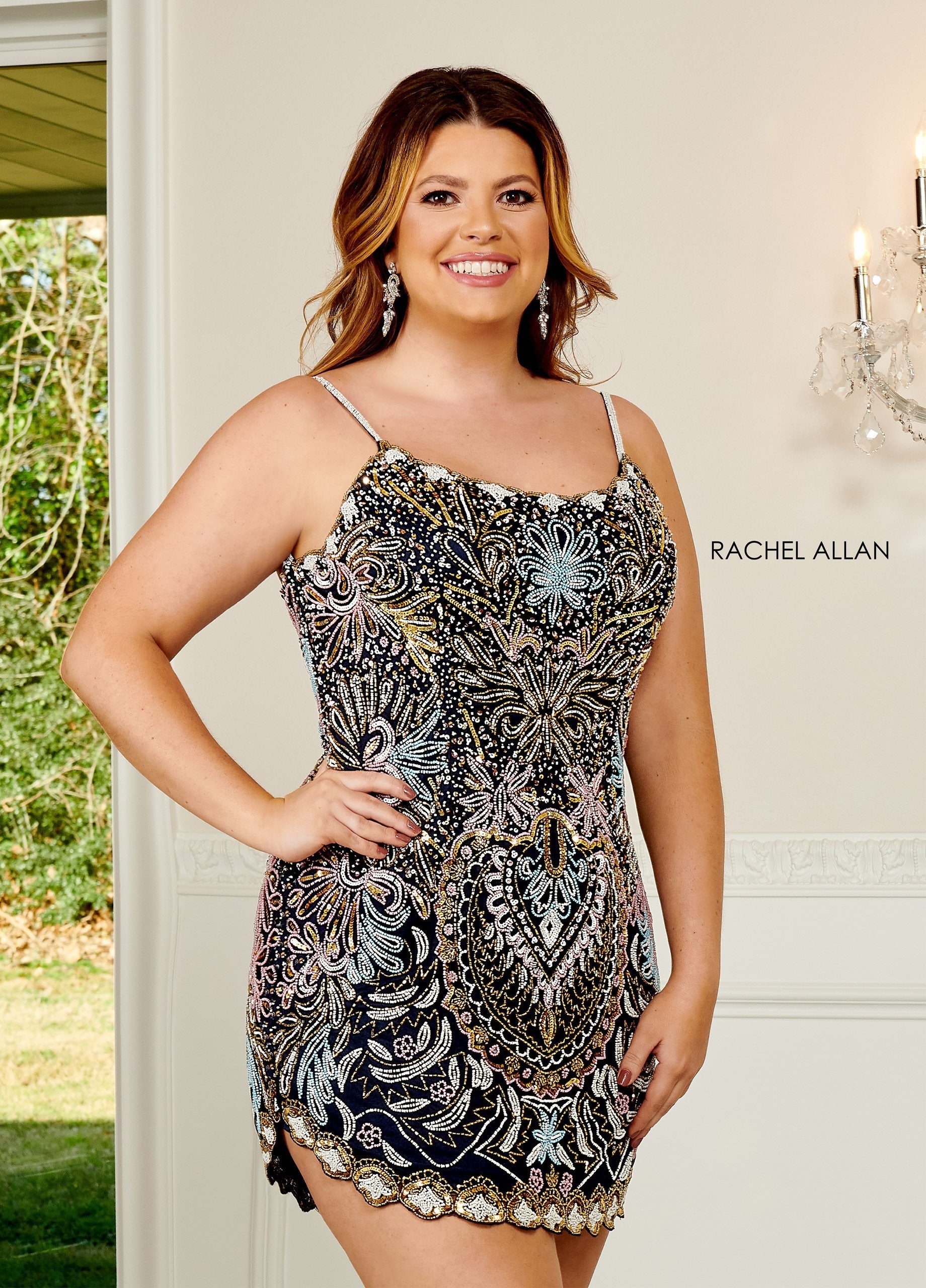 Rachel Allan 40080 Bead Print Short Sleeveless Dress