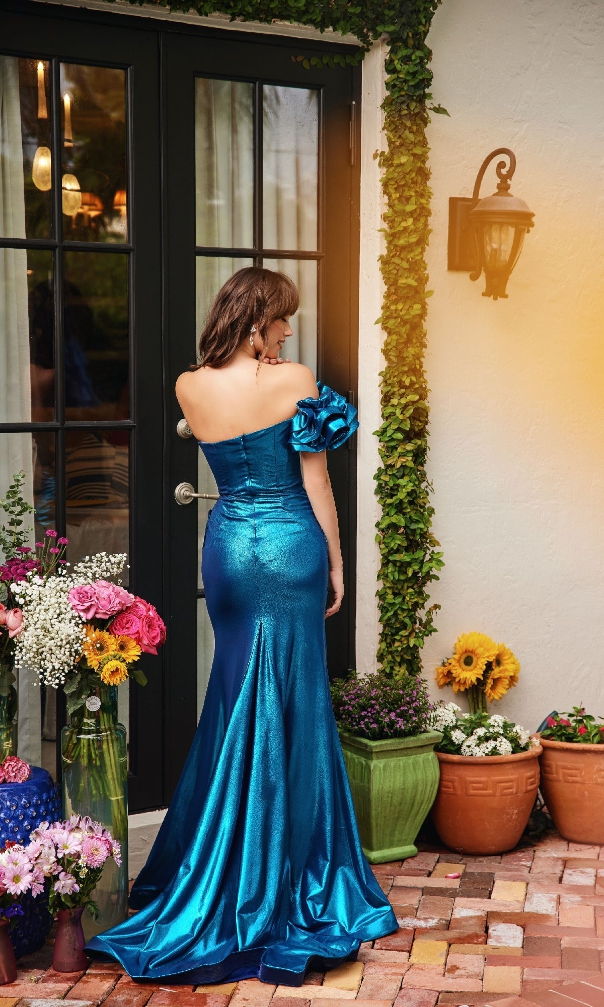 Ava Presley 40082 Long Off-Shoulder Slit Ruffled Prom Formal Metallic Dress
