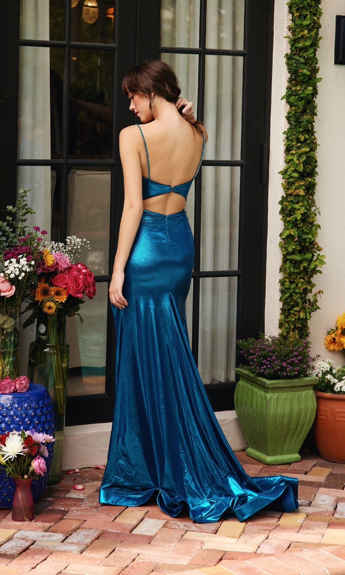 Ava Presley 40101 Long Slit Open Back Prom Formal Elegant Metallic Dress