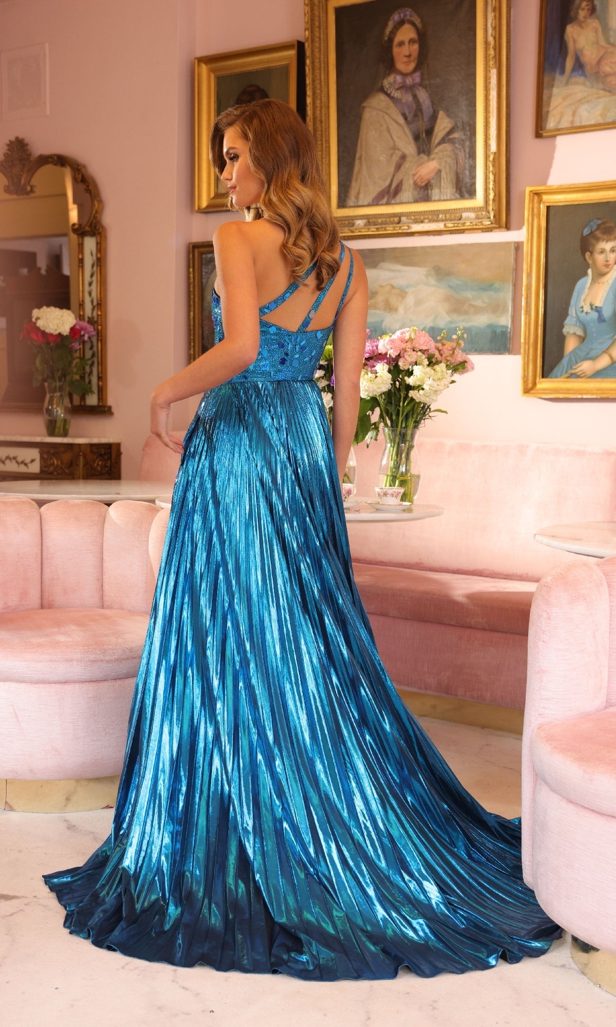 Ava Presley 40105 Glamorous Long A-Line One-Shoulder Slit Open Back Sequin Dress