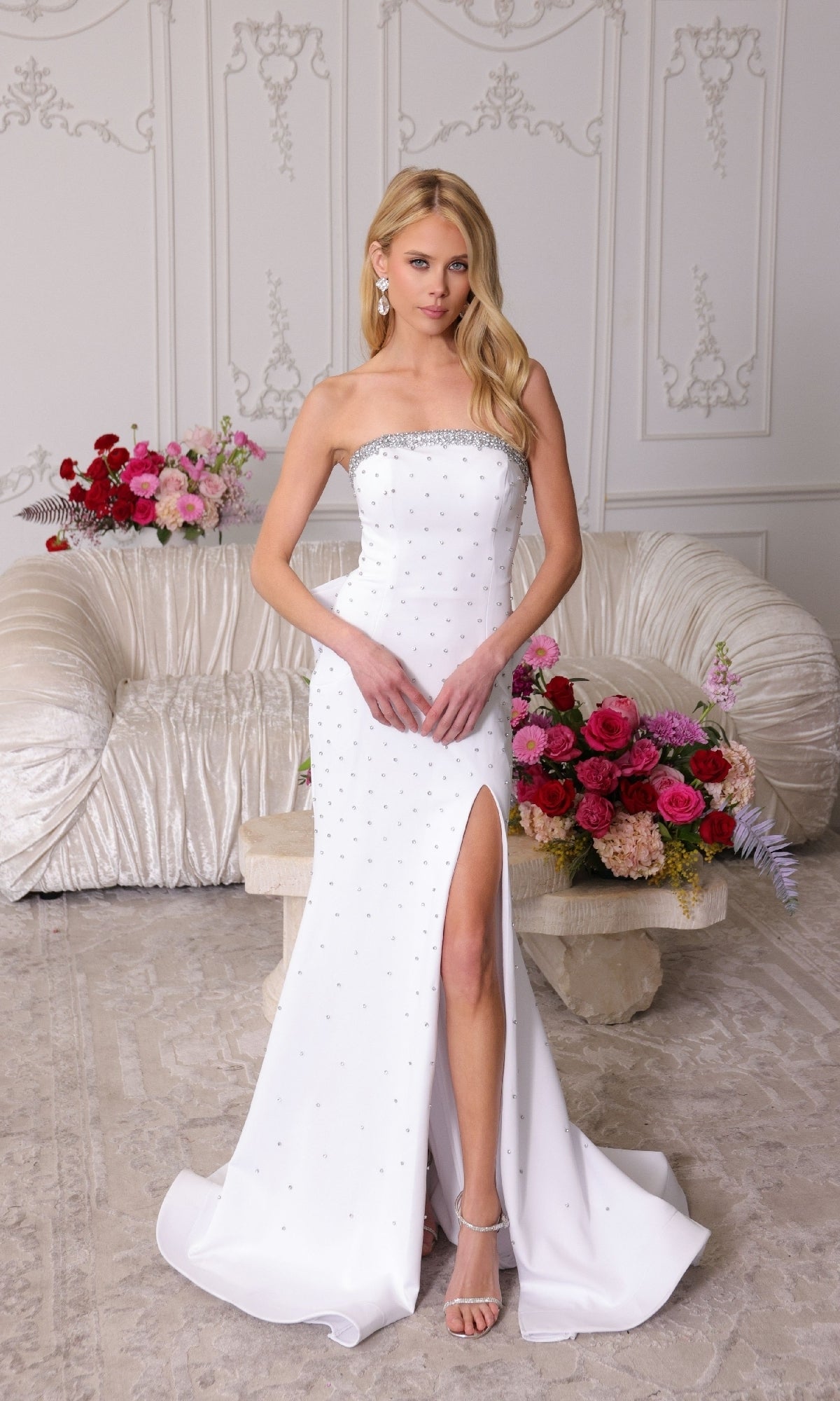 Ava Presley 40153 Sparkly Long Strapless Beaded Slit Train Dress