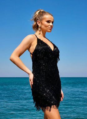 Primavera Couture 4019 Short Sparkling Fringe Prom Dress