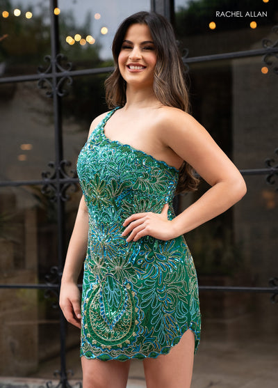 Rachel Allan 40268 Bead Print Short One Shoulder Dress