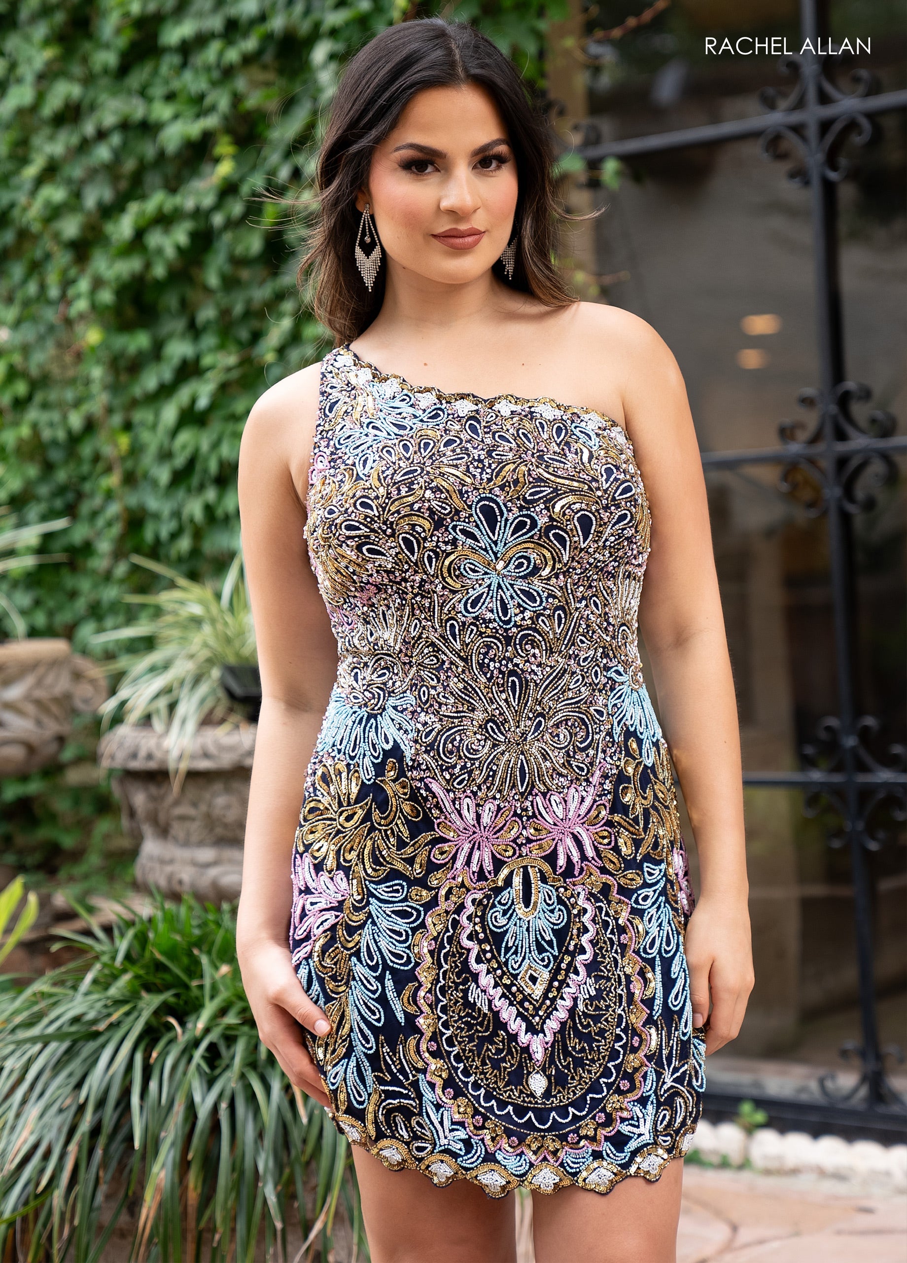 Rachel Allan 40268 Bead Print Short One Shoulder Dress